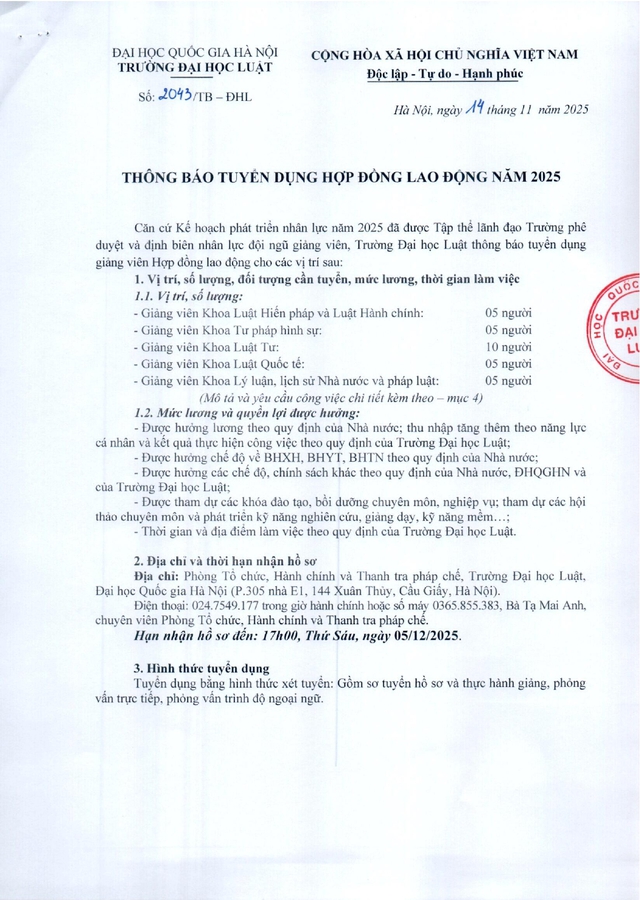 Trường Đại học Luật tuyển dụng giảng viên- Ảnh 1.