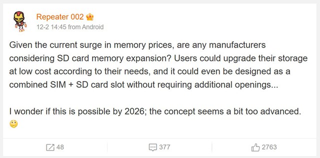 C&aacute;c h&atilde;ng smartphone t&iacute;nh chuyện đưa khe cắm microSD quay trở lại để &ldquo;cứu&rdquo; người d&ugrave;ng giữa cơn b&atilde;o gi&aacute; chip nhớ- Ảnh 1.