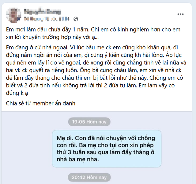 Con d&acirc;u đang ở ngoại nhắn tin xin ph&eacute;p mẹ chồng về nội l&agrave;m đầy th&aacute;ng cho con nhưng bị "chỉnh đốn": Sai ở đ&acirc;u?- Ảnh 1.
