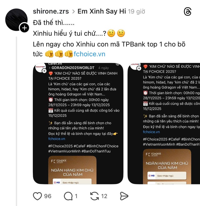 100.000 votes từ Xinhiu giúp TPBank dẫn đầu đường đua "Kim Chủ" tại FChoice 2025- Ảnh 3. 100.000 votes từ Xinhiu giúp TPBank dẫn đầu đường đua "Kim Chủ" tại FChoice 2025- Ảnh 3.