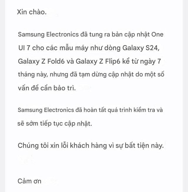 Samsung xin lỗi vì trì hoãn bản cập nhật One UI 7- Ảnh 1. Samsung xin lỗi vì trì hoãn bản cập nhật One UI 7- Ảnh 1.