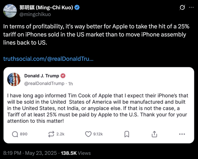 "Ông đồng" Apple Ming-Chi Kuo: Apple thà chịu thuế 25% còn hơn là chuyển dây chuyền sản xuất iPhone về Mỹ- Ảnh 1. "Ông đồng" Apple Ming-Chi Kuo: Apple thà chịu thuế 25% còn hơn là chuyển dây chuyền sản xuất iPhone về Mỹ- Ảnh 1.