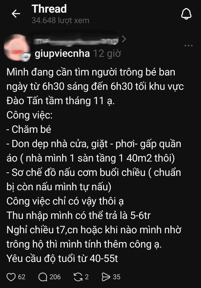 Tranh cãi nảy lửa: 1 mom sống giữa trung tâm Hà Nội đăng tuyển người làm việc 12 tiếng/ngày, vừa chăm bé vừa dọn nhà với mức lương 5-6 triệu- Ảnh 1. Tranh cãi nảy lửa: 1 mom sống giữa trung tâm Hà Nội đăng tuyển người làm việc 12 tiếng/ngày, vừa chăm bé vừa dọn nhà với mức lương 5-6 triệu- Ảnh 1.