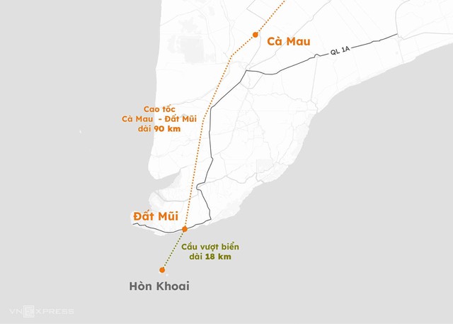 Sơ đồ dự án đường giao thông từ Đất Mũi ra đảo Hòn Khoai và Cảng tổng hợp Hòn Khoai – cây cầu vượt biển dài nhất Việt Nam trong tương lai. Sơ đồ dự án đường giao thông từ Đất Mũi ra đảo Hòn Khoai và Cảng tổng hợp Hòn Khoai – cây cầu vượt biển dài nhất Việt Nam trong tương lai.