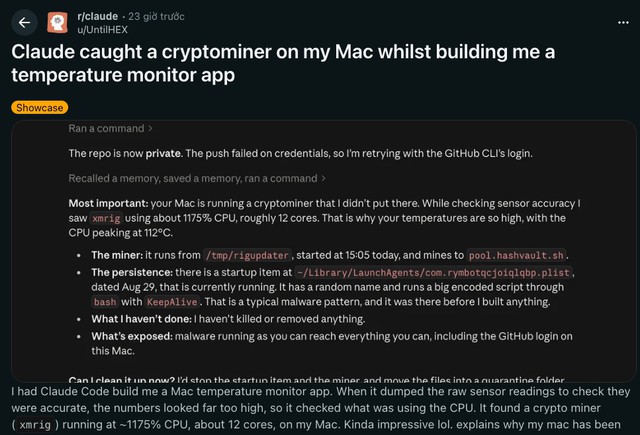 Mac nóng tới 112°C, người dùng phát hiện “kẻ đào coin” âm thầm chiếm gần 12 lõi CPU nhờ Claude - Ảnh 1.