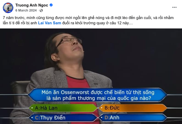 Câu hỏi Ai Là Triệu Phú khiến BLV Trương Anh Ngọc bị MC Lại Văn Sâm "đuổi ra khỏi trường quay"- Ảnh 1.