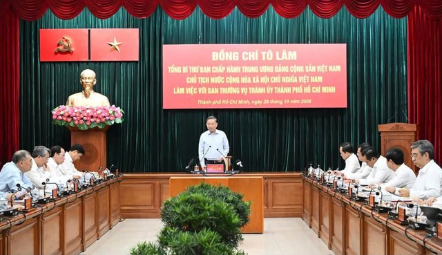 Tổng B&iacute; thư, Chủ tịch nước T&ocirc; L&acirc;m l&agrave;m việc với Ban Thường vụ Th&agrave;nh ủy Th&agrave;nh phố Hồ Ch&iacute; Minh: Khơi th&ocirc;ng thể chế, quyết t&acirc;m tăng trưởng hai con số - Ảnh 1.