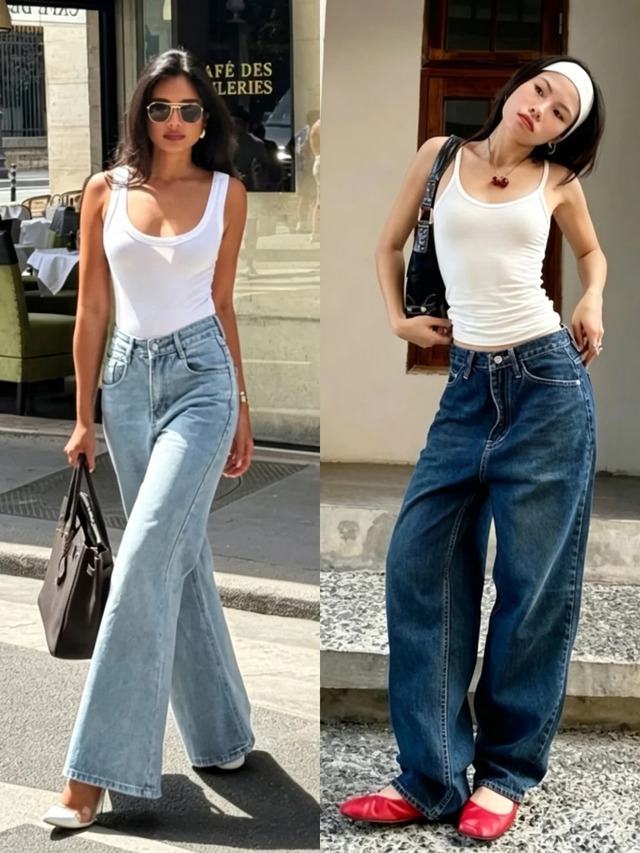 Combo áo hai dây và quần jeans ống rộng, phong cách sành điệu và tôn dáng.