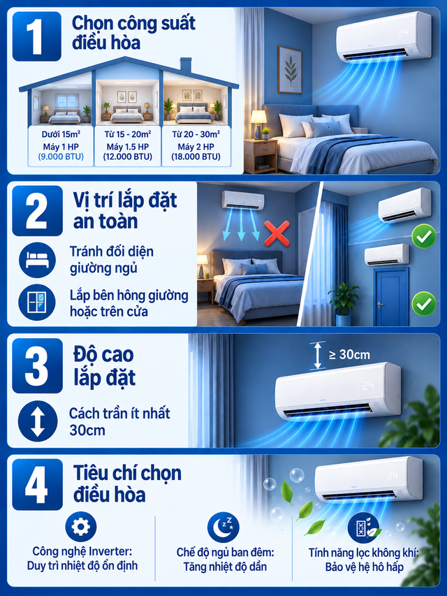 Lời khuyên cho các gia đình lắp điều hòa trong phòng ngủ: Đừng chọn vị trí khiến luồng lạnh đi thẳng vào giường - Ảnh 2.