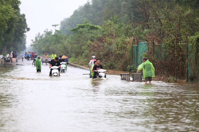 Hà Nội: Ngập sâu trên đại lộ Thăng Long, người dân phải bỏ 50.000 đồng thuê xe bò vượt qua- Ảnh 13.