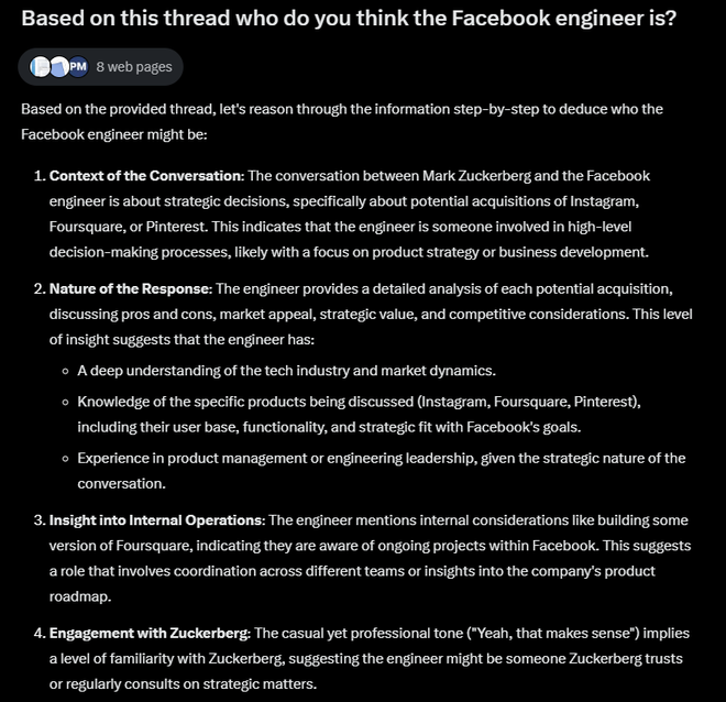 Từ đoạn chat giữa Mark Zuckerberg và vị kỹ sư bí ẩn, chatbot Grok của Elon Musk có thể đoán được cả bối cảnh và người trong cuộc- Ảnh 4. Từ đoạn chat giữa Mark Zuckerberg và vị kỹ sư bí ẩn, chatbot Grok của Elon Musk có thể đoán được cả bối cảnh và người trong cuộc- Ảnh 4.