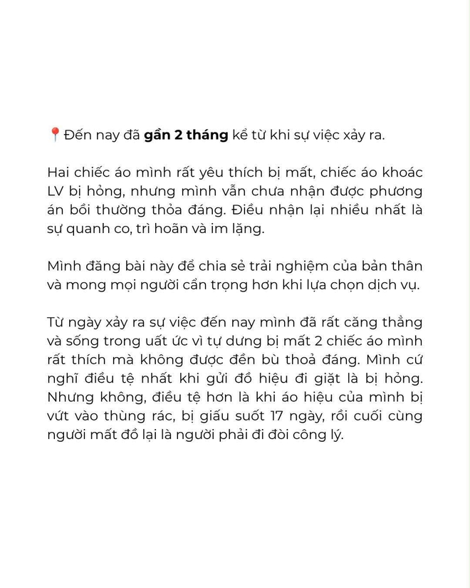 Drama khách tố tiệm giặt Hà Nội làm mất 2 áo hiệu 60 triệu, áo khoác LV 150 triệu cũng gặp sự cố thảm thương- Ảnh 9. Drama khách tố tiệm giặt Hà Nội làm mất 2 áo hiệu 60 triệu, áo khoác LV 150 triệu cũng gặp sự cố thảm thương- Ảnh 9.