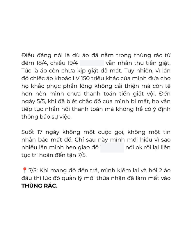 Drama khách tố tiệm giặt Hà Nội làm mất 2 áo hiệu 60 triệu, áo khoác LV 150 triệu cũng gặp sự cố thảm thương- Ảnh 3. Drama khách tố tiệm giặt Hà Nội làm mất 2 áo hiệu 60 triệu, áo khoác LV 150 triệu cũng gặp sự cố thảm thương- Ảnh 3.