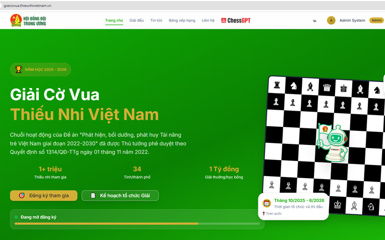 Giao diện và địa chỉ website duy nhất nhận đăng ký dự Giải cờ vua thiếu nhi Việt bong da truc tiep xoi lac năm học 2025-2026 tại giaicovua.thieunhivietbong da truc tiep xoi lac.vn - Ảnh: ChessGPT