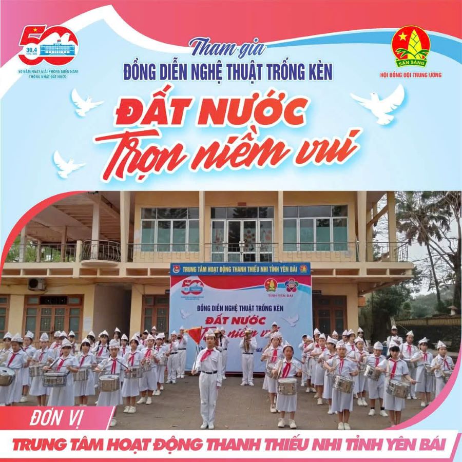 Đội Nghi thức trống kèn Trung tâm Hoạt động thanh thiếu nhi tỉnh Yên Bái tham gia chương trình đồng diễn nghệ thuật trống kèn. (Ảnh Cổng TTĐT tỉnh Yên Bái)