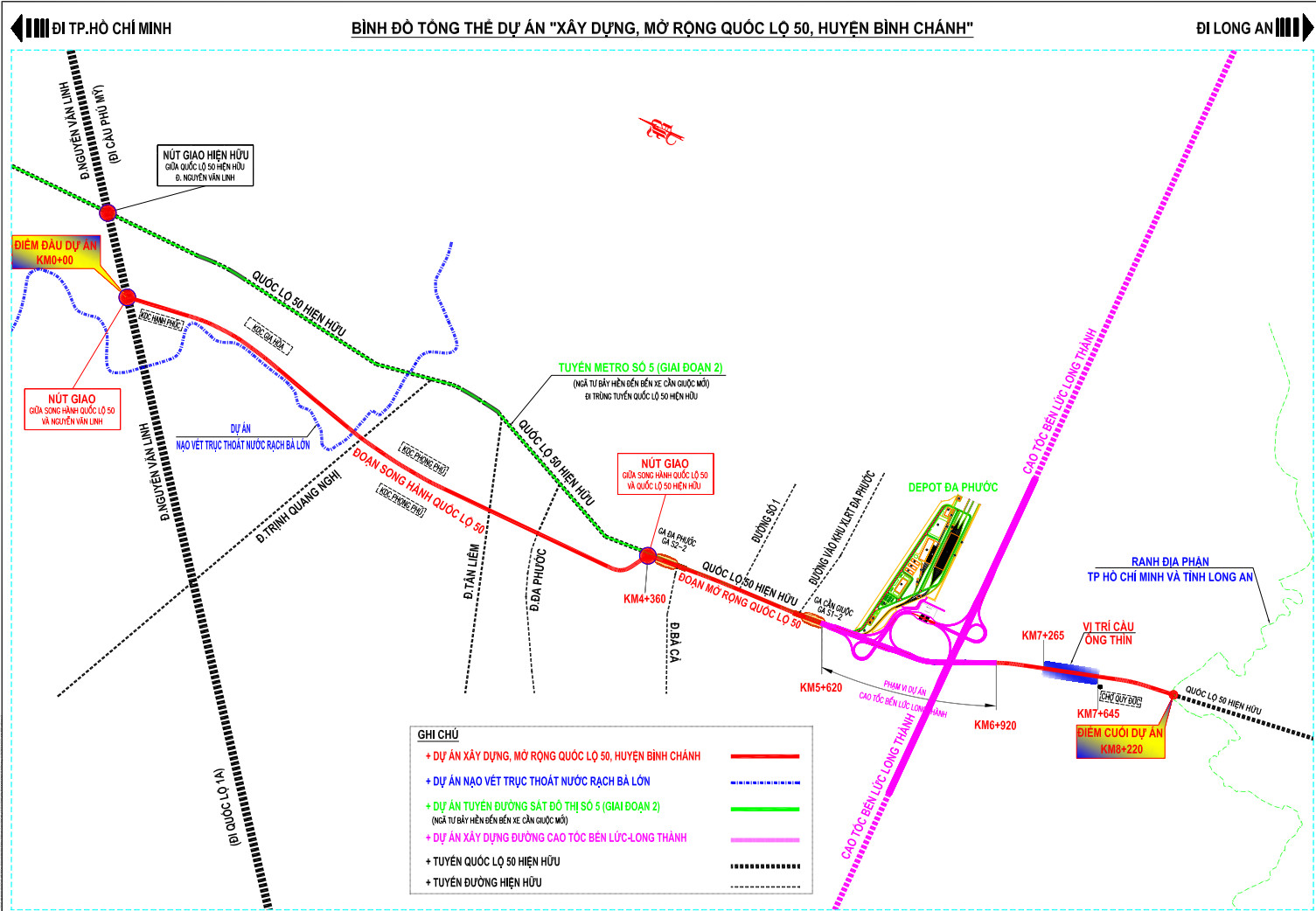 Bản đồ dự &aacute;n mở rộng quốc lộ 50 v&agrave; đường song h&agrave;nh