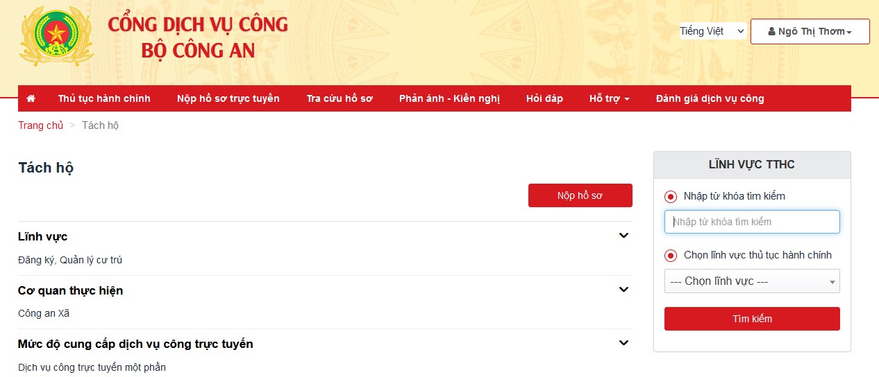 Người dân làm thủ tục tách khẩu online thông qua Cổng dịch vụ công Bộ Công an