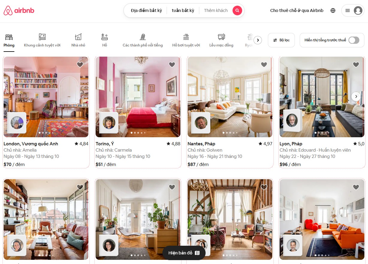 Giao diện của ứng dụng cho thuê nhà Airbnb