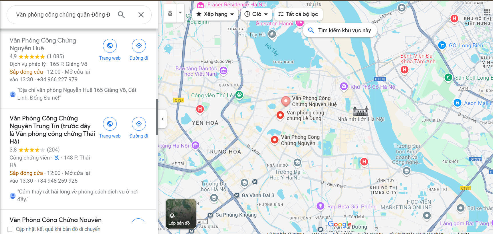 Tìm kiếm ‘Văn phòng công chứng quận Đống Đa Hà Nội’ trên Google Map