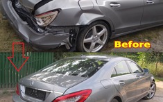 Chứng kiến thợ người Nga sửa chữa phần cốp bị hỏng nặng của chiếc Mercedes CLS