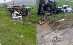 Hà Tĩnh: Tông nhau trực diện, xe con Hyundai Grand i10 và ô tô tải cùng lao xuống ruộng