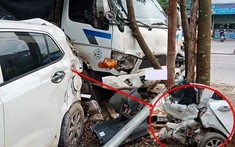 Thái Nguyên: Xe tải mất lái ở ngã tư lao lên vỉa hè tông bẹp dúm xe Hyundai i10 và hai xe máy