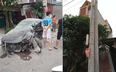 Bắc Giang: Ô tô Mazda nát bét sau khi tông vào cột điện, tài xế bị thương nặng
