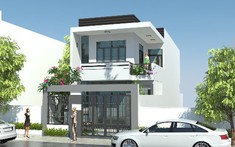 Mẫu thiết kế nhà phố 2 tầng có sân trước rộng rãi để xe, trồng cây xanh