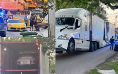 Băng qua đường ray, xe đầu kéo chở 3 xe Ferrari và Porsche bị tàu hỏa tông trúng