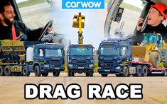 Theo dõi cuộc đua drag hài hước giữa ba chiếc xe tải công trình nặng tổng 115 tấn