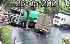 Video quay khoảnh khắc ô tô tải Hyundai tông gãy trục xe ben tại khúc cua trên quốc lộ 37