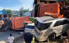 Xe đầu kéo lật trúng ô tô 7 chỗ Toyota Fortuner trên quốc lộ 9