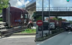 Hải Phòng: Xe container lao lên dải phân cách khiến không ít tài xế đang dừng đèn đỏ thót tim