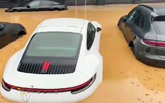 Video: Cả chục chiếc xe sang Porsche chưa kịp giao cho khách thì bị ngập nước trong sân của đại lý
