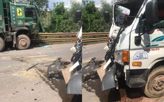 Video quay khoảnh khắc xe ben đối đầu ô tô tải trên quốc lộ 37