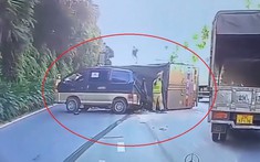 Video: Tránh xe tấp vào lề đường, ô tô tải lật nhào, đè trúng xe van tại Hưng Yên