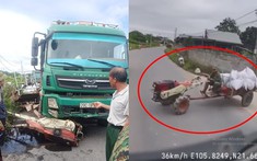 Video quay khoảnh khắc xe công nông đang lên dốc bị xe ben tông trúng, lái xe nhanh chóng nhảy thoát thân