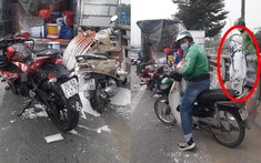 Video quay khoảnh khắc biker điều khiển xe mô tô lạng lách trên cầu vượt Mai Dịch tông trúng xe chở sơn