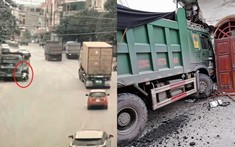 Video: Tránh xe máy sang đường thiếu quan sát, xe ben tông thủng tường nhà dân tại Quảng Ninh
