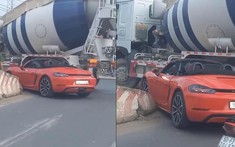 Va chạm với xe trộn bê tông trên quốc lộ 51, Porsche 718 Boxster do nữ lái bị toác đầu