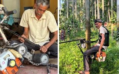 Người nông dân khéo léo này đã tự chế tạo "xe tay ga trèo cây" để tăng hiệu quả thu hoạch quả cau