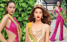 Hoa hậu Thiên Ân tự make-up siêu xinh, diện outfit tôn chiều cao, trụ vững Top 1 giải bình chọn Miss Grand International