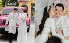 Lễ vu quy Lê Âu Ngân Anh: Chú rể rước dâu bằng xe Jeep màu hồng, cả hai 'cười tít mắt' trong ngày trọng đại