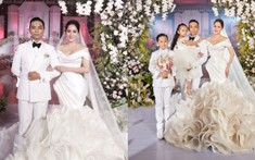 Đám cưới Khánh Thi - Phan Hiển: Cô dâu diện váy đuôi cá “siêu khủng”, không gian tiệc lung linh như cổ tích