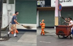 Nhóm thanh niên ngoại quốc hào hứng dọn rác vỉa hè, hỗ trợ cô lao công đẩy xe hết tuyến đường