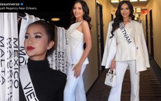 Ngày 2 tại Mỹ, Ngọc Châu xuất hiện trên trang chủ Miss Universe, hóa 'tổng tài' với outfit trắng đầy cuốn hút
