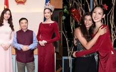 Tự hào khoe vẻ đẹp áo dài Việt Nam, hoa hậu Bảo Ngọc ôm chầm một nhân vật đặc biệt tại Ấn Độ